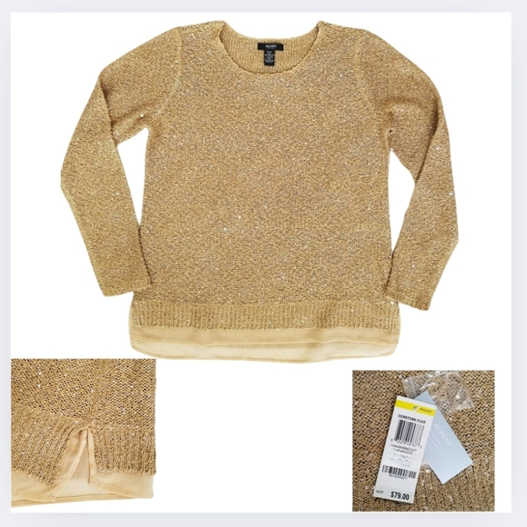 Alfani Sweaters - Alfani XL Gold Sequin Knit Top with Chiffon Ruffle Sparkle Beautiful C-2221